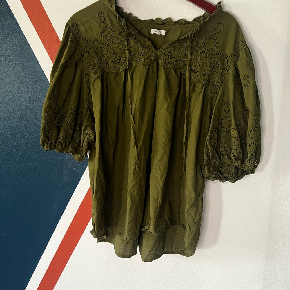 Maurices Olive Eyelet Puff-Sleeve Blouse Boho Cottagecore
